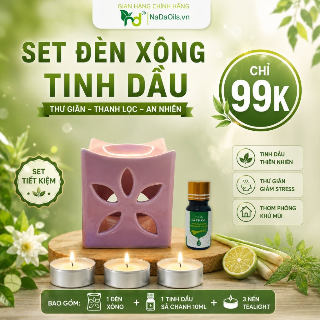 [COMBO ĐẶC BIỆT] Set Đèn Xông Tinh Dầu Bằng Nến + 10ml Tinh Dầu Sả Chanh NADA OILS