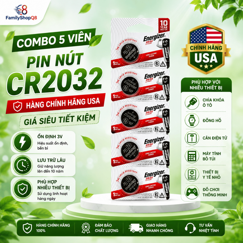 5 Viên Dung Lượng Cao Energizer Lithium CR2032 Dùng Cho Airtag, Smartkey, Đồng Hồ, Cân Điện Tử.