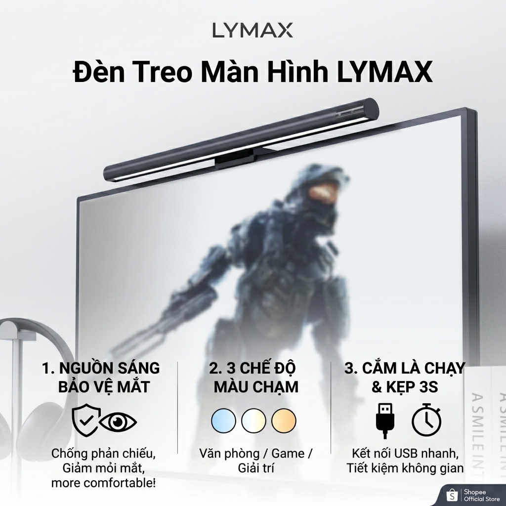 Đèn Treo Màn Hình Máy Tính LYMAX | Đèn Chống Chói Bảo Vệ Mắt USB 3 Chế Độ Ánh Sáng | BigBuy360 - bigbuy360.vn