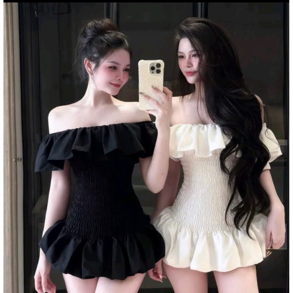 D001 [ Có Chấm Bi ] Đầm Trễ Vai Nhún Thun Viền Bèo Kèm Quần