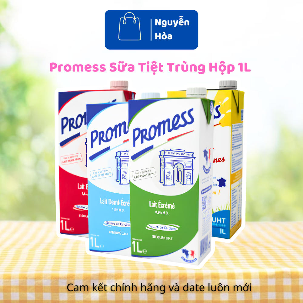[COMBO 3 HỘP] Sữa Tươi Tiệt Trùng Promess Pháp 1L - Sữa Giàu Canxi Nguyên Chất, Ít Béo, Tách Béo (Ch