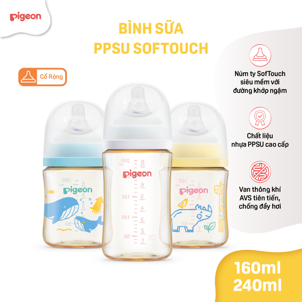 [PPSU] Bình sữa chống đầy hơi Pigeon cho bé sơ sinh núm ti cổ rộng siêu mềm chống sặc chính hãng