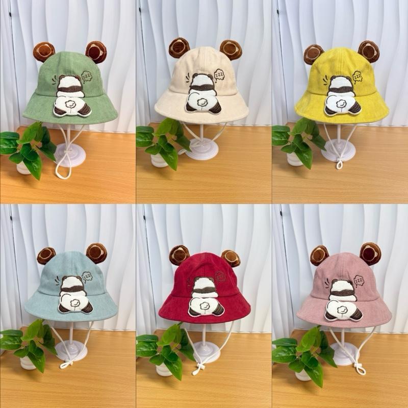 Mũ Tai Bèo Cho Bé Hình Gấu Trúc Từ 1-3 Tuổi, Nón Bucket Có Tai Nhung Gân Co Giãn Có Quai Chống Bay