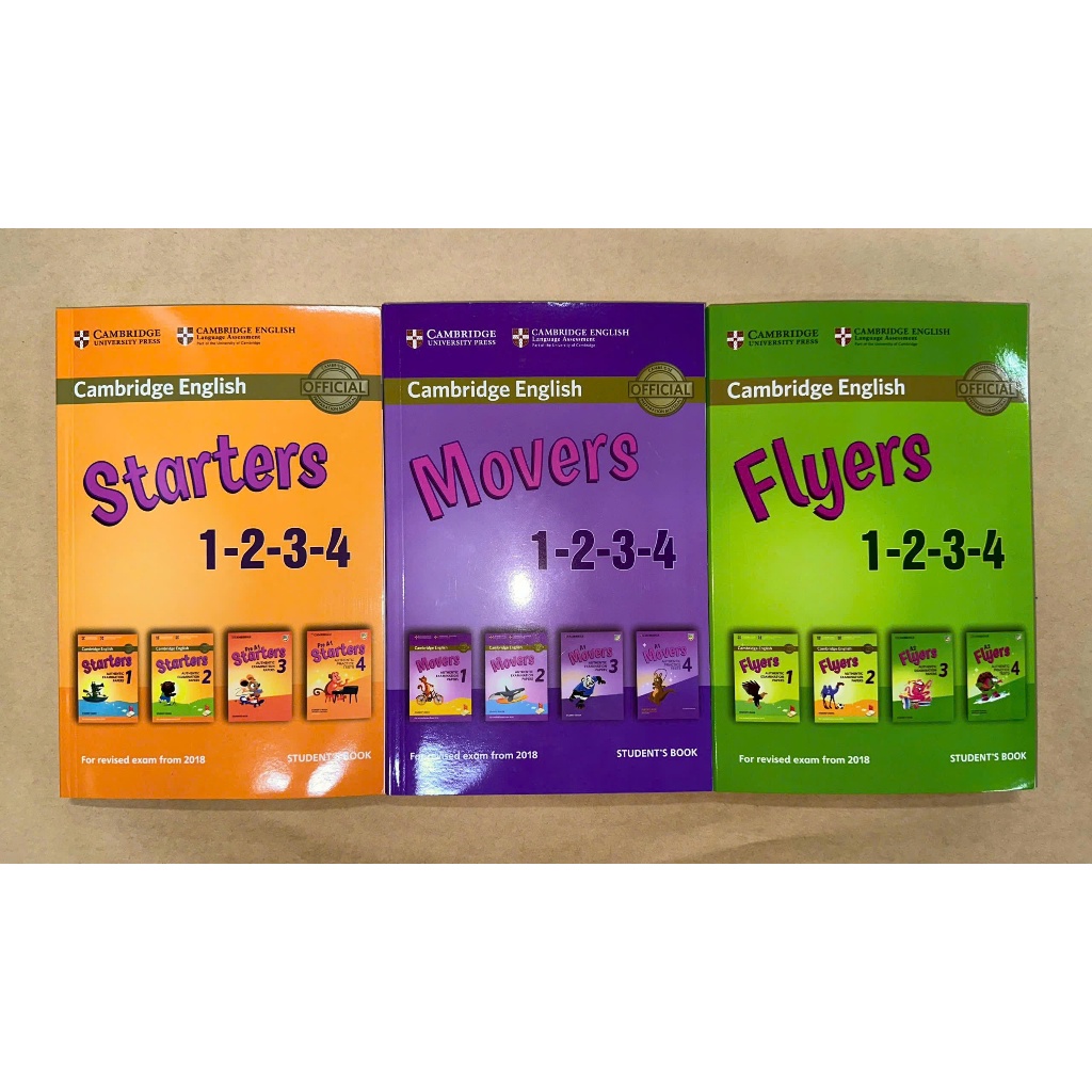 Cambridge: Starters, Movers, Flyers in gộp 1-2-3-4 khổ B5 mới nhất 2018-2024 (kèm mp3 và đáp án)