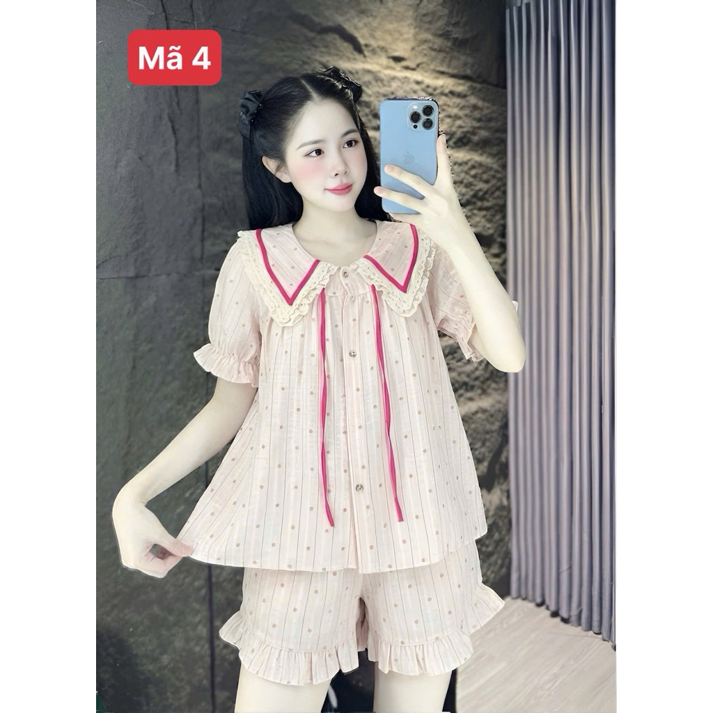 {FRree < 60KG } Bộ ngủ piyama nữ tiểu thư cổ nhọn bèo vải đũi mùa hè mặc đi ngủ mát mẻ thoải mái  Qu