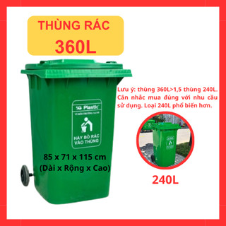 Thùng rác công cộng 360L, nhựa HDPE cao cấp, có bánh xe xoay 360 độ, nắp đậy kín khu công nghiệp