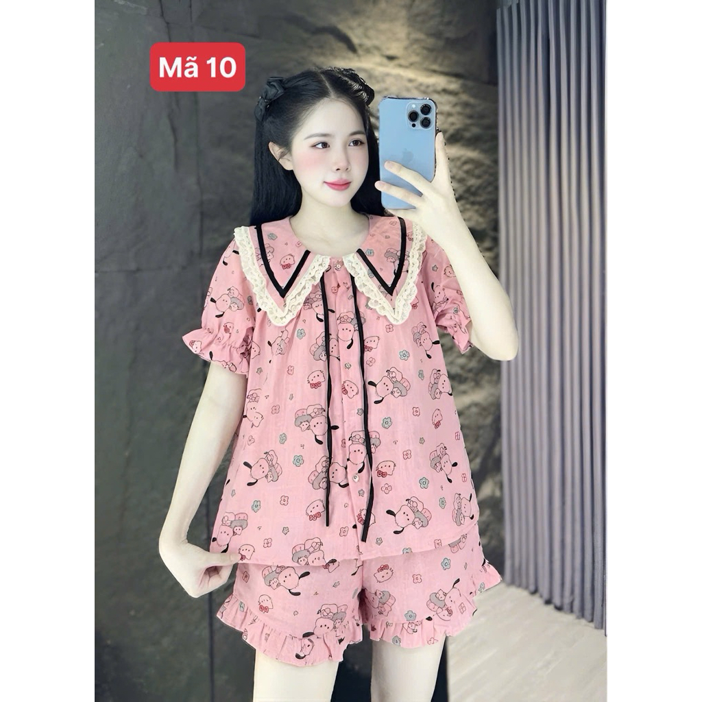 {FRree < 60KG } Bộ ngủ piyama nữ tiểu thư cổ nhọn bèo vải đũi mùa hè mặc đi ngủ mát mẻ thoải mái  Qu