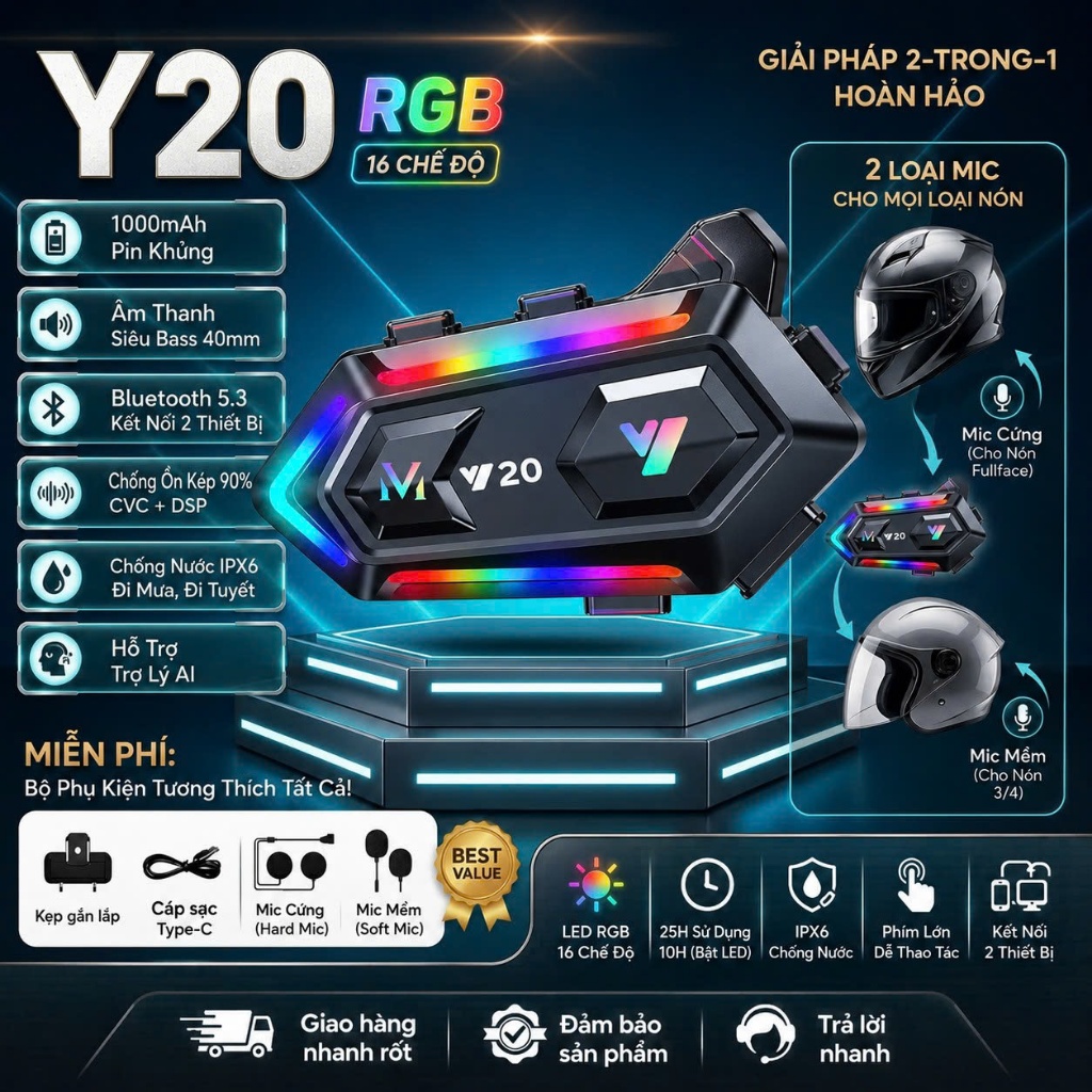 Tai Nghe Bluetooth Y20 Cho Mũ Bảo Hiểm - Mic Fullface & 3/4, Âm Thanh Siêu Bass, LED RGB