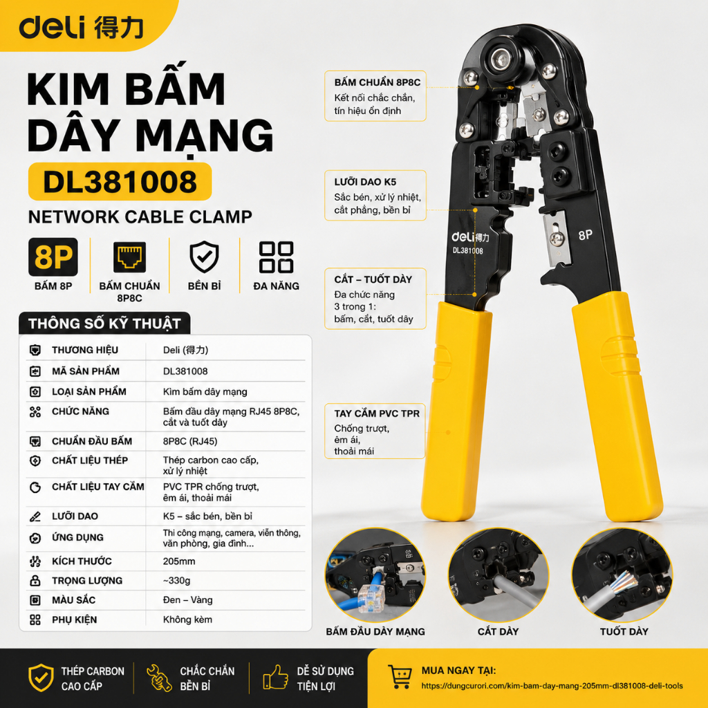 Kìm Bấm Dây Mạng Deli DL381008 8P 205mm Chính Hãng – Bấm RJ45 8P8C, Cắt Và Tuốt Dây Đa Năng