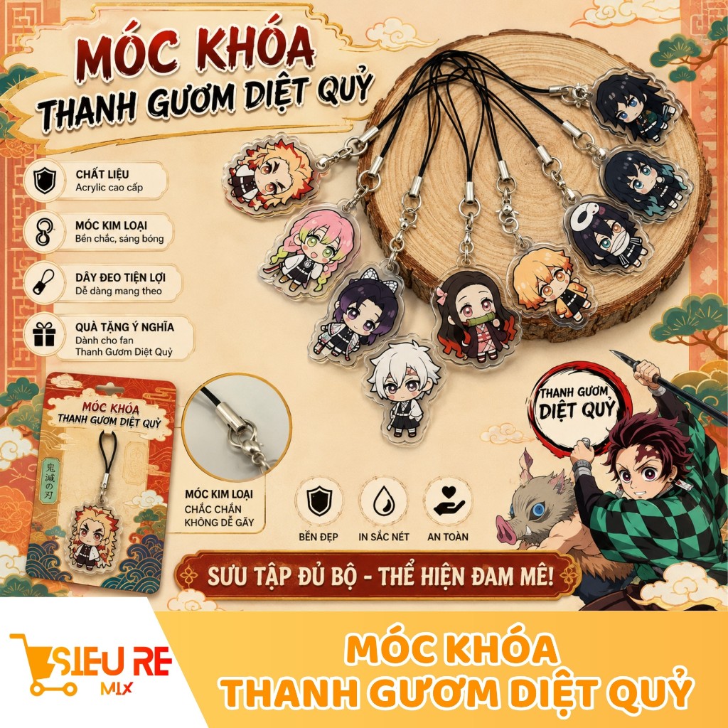Set 3 mốc khóa THANH GƯƠM DIỆT QUỶ Kimetsu no Yaiba chống nước trang trí điện thoại, chìa khóa xe M1