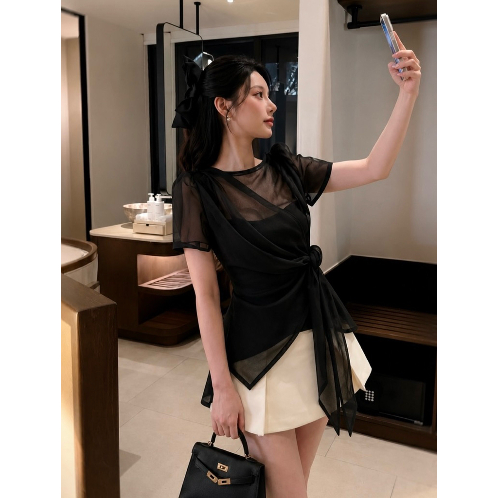 ÁO VOAN TƠ XUYÊN THẤU LỆCH VAI CỘT NƠ EO | BigBuy360 - bigbuy360.vn