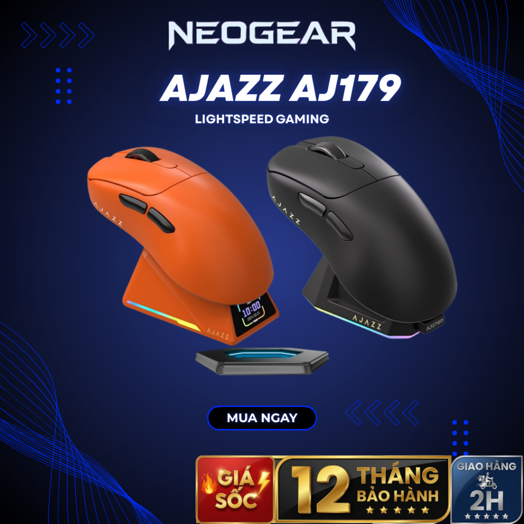 [⚡Cực Khủng] Chuột Không Dây Ajazz AJ179 Pro, Cảm Biến Paw3395, Switch Huano, 26000DPI, Dock Sạc RGB