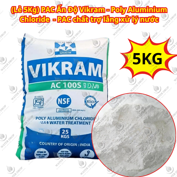 PAC Ấn Độ Vikram - Poly Aluminium Chloride - PAC chất trợ lắng xử lý nước - Lẻ 5Kg