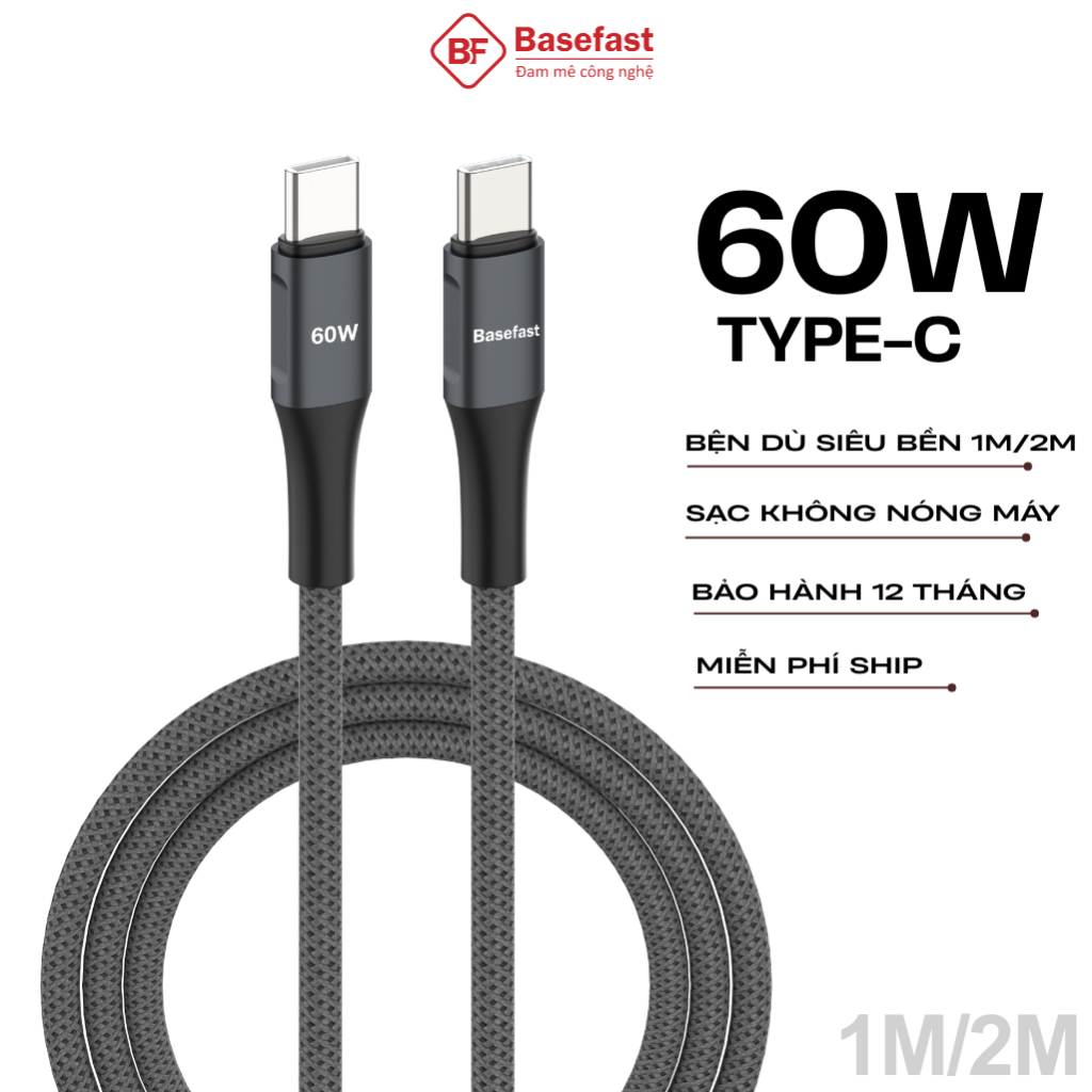 Cáp sạc nhanh Type C 60W Basefast dây dù C to C dài 1m 2m dùng cho Phone 15 16 samsung xiaomi ...