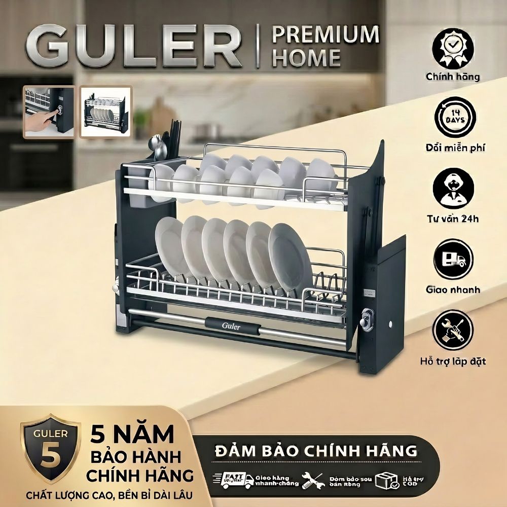 Giá Bát Nâng Hạ Inox 304 GULER-KROBER Điều Chỉnh Cao Thâp Với Hộp Số Chống Kẹt, Kệ Chén Nâng Hạ Nhà 