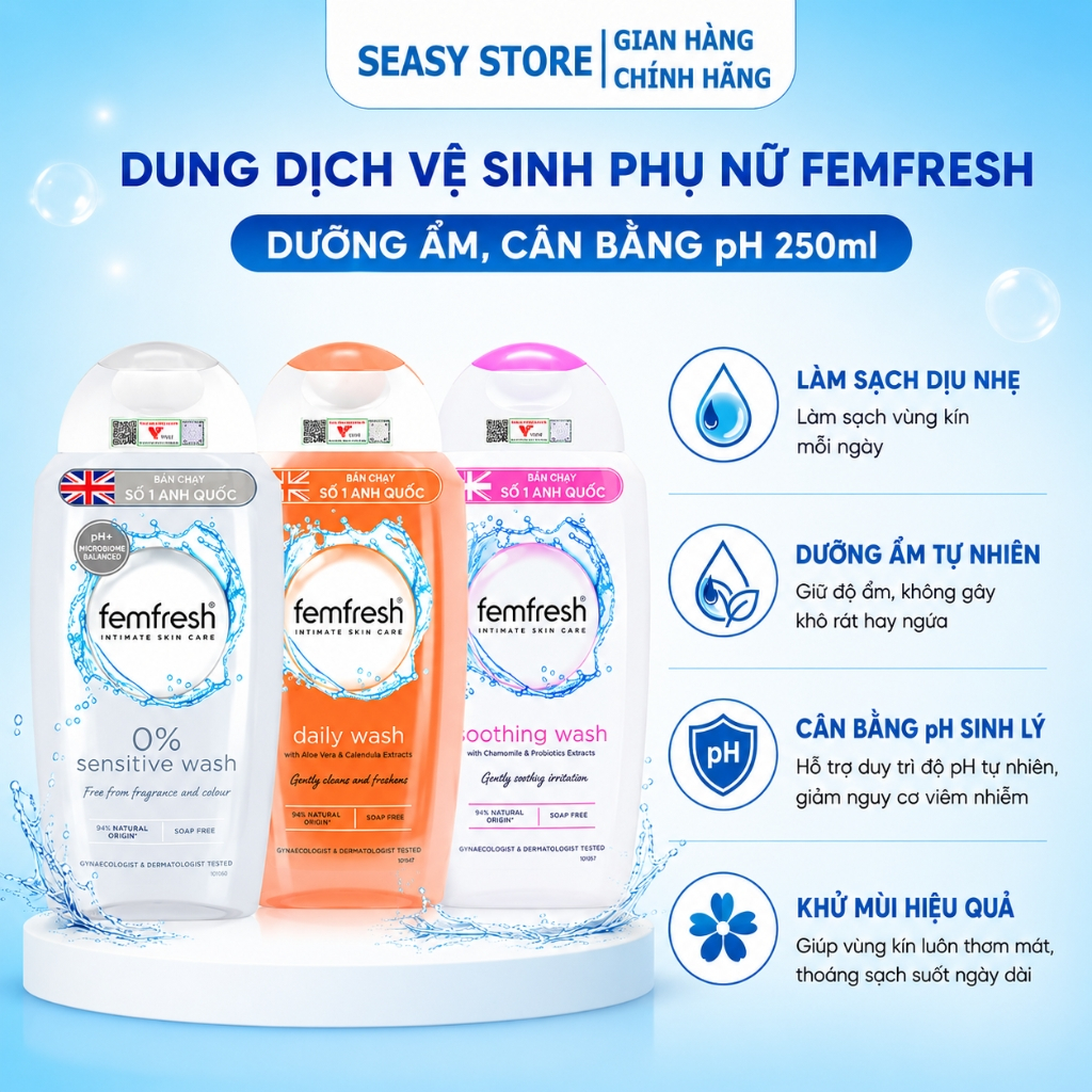 Dung Dịch Vệ Sinh Phụ Nữ Femfresh 250ml Anh Quốc - DDVS Nữ Dịu Nhẹ, Vệ Sinh Vùng Kín Thơm Lâu pH Cân