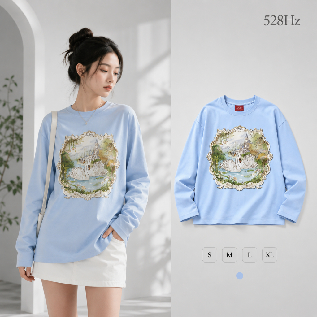Áo Swan 528Hz, local brand unisex màu xanh cho nam nữ, 100% cotton