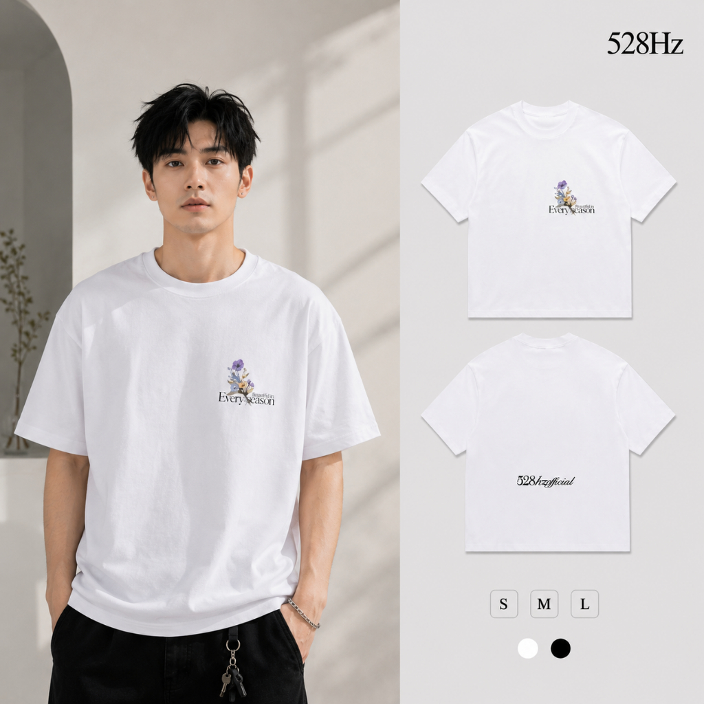 Áo Hoa Every Season 528Hz, local brand unisex màu trắng cho nam nữ, 100% cotton