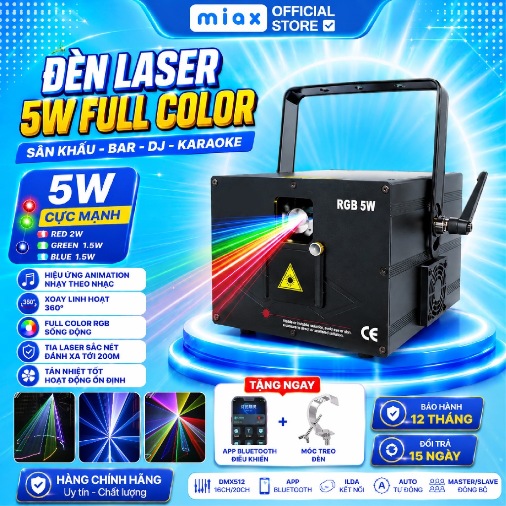 Laser 5W Full Color RGB MIAX – Đèn Laser Sân Khấu Chuyên Nghiệp DJ Bar KTV Đám Cưới Có ILDA & APP