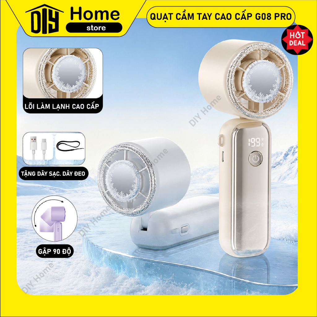 Quạt Cầm Tay G08 Pro Mini Có Lõi Làm Lạnh Cao Cấp, Cấp Gió Mạnh 199, Pin 1800mAh Sạc USB