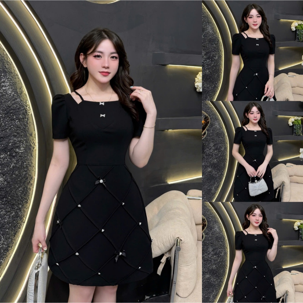 TY192 - Váy Thiết Kế Evii dành cho nữ, Đầm thiết kế cổ yếm (tặng kèm 2 nơ cài) dáng A ngắn