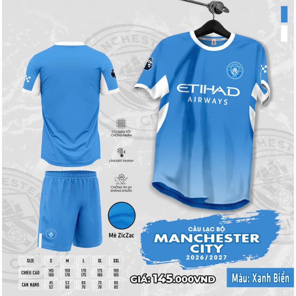 Quần Áo Bóng Đá Man City Xanh Biển 26/27 - Vải Mè Ziczac DK  – In Tên Số Theo Yêu Cầu BIBO SPORT