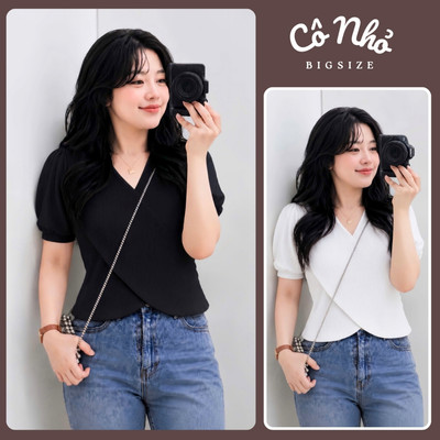 Áo Thun Tay Ngắn Bigsize Cô Nhỏ Thiết Kế Đắp Chéo Phom Rộng Chất Gân Tăm Co Giãn G36
