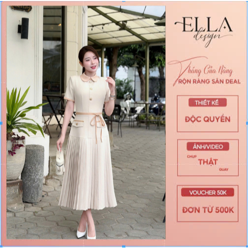 Váy Đầm Thiết Kế Ella Desgin cho nữ kiểu dáng váy midi xòe phối dập ly, cổ bèo, tay ngắn ( tặng kèm 