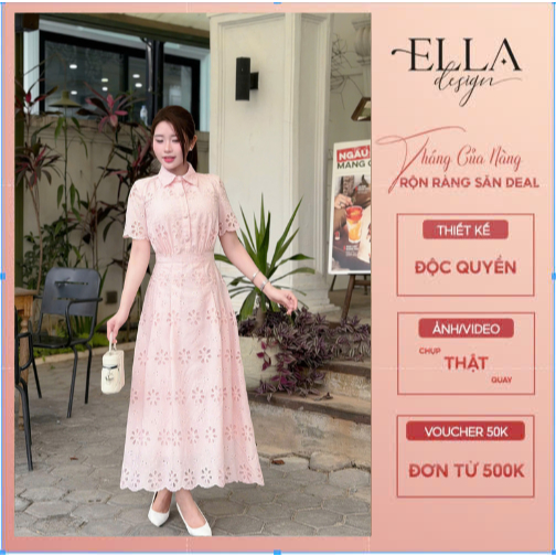 Váy Đầm Thiết Kế Ella Desgin dành cho nữ kiểu dáng váy midi xòe, tay ngắn, cổ bẻ, chất liệu làm bằng