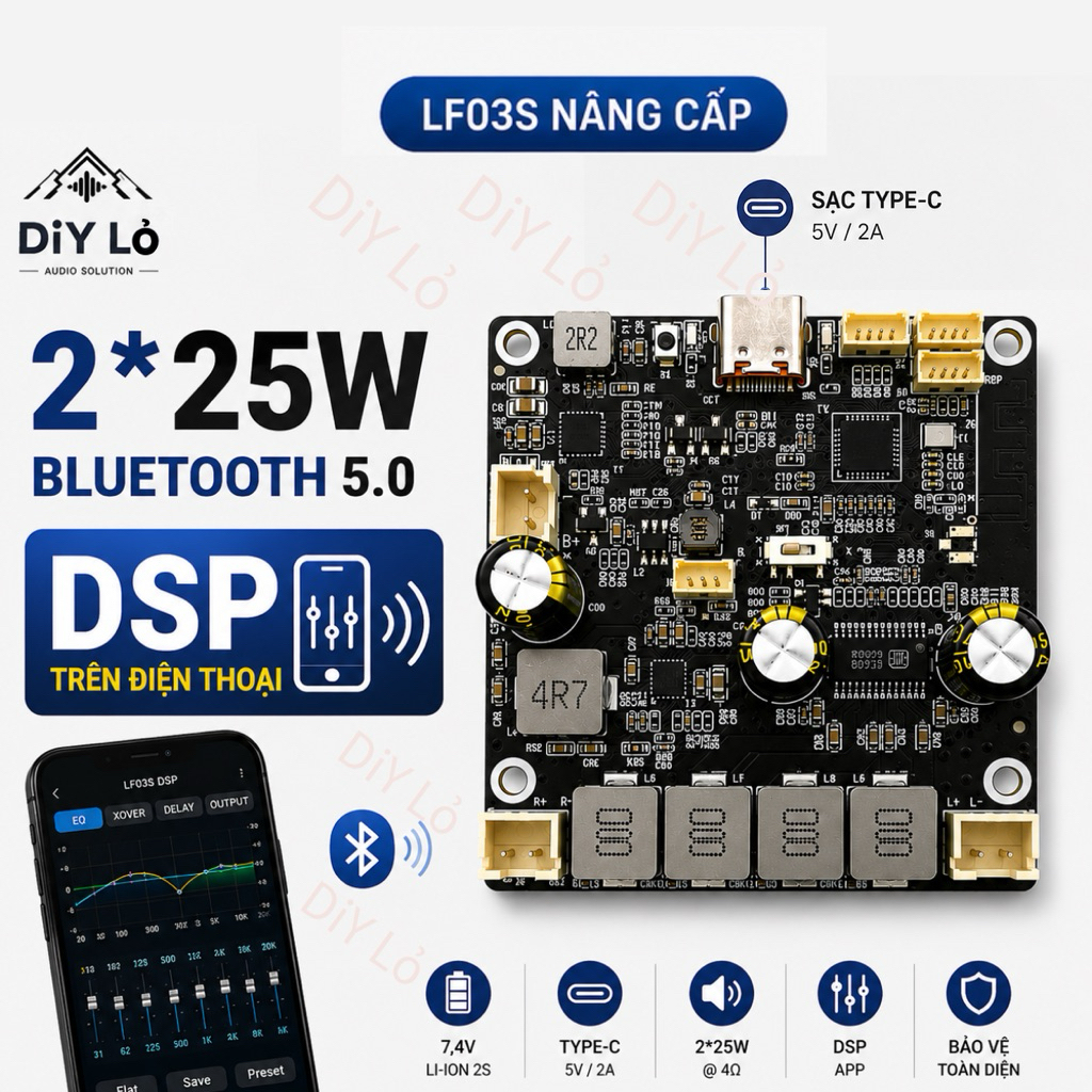 Mạch Khuếch Đại LF03S 25W x2 chip Mvsilicon ,App DSP Trên điện thoại ,Sạc Type-C 7.4V Chế độ 2.0, 1.