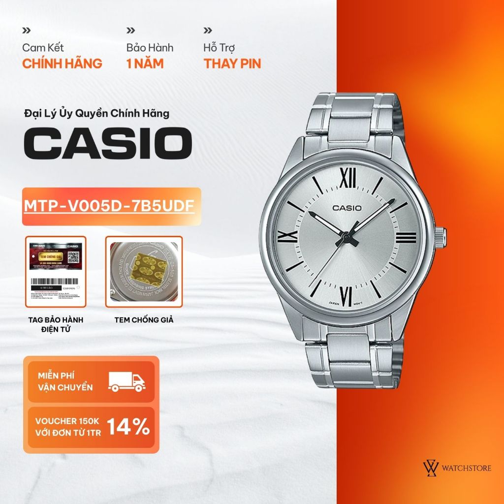 Đồng Hồ Casio Nam MTP-V005D-7B5UDF Mặt Kính Khoáng 40mm Màu Bạc Kim Trắng Dạ Quang Chống Nước Dây Ki