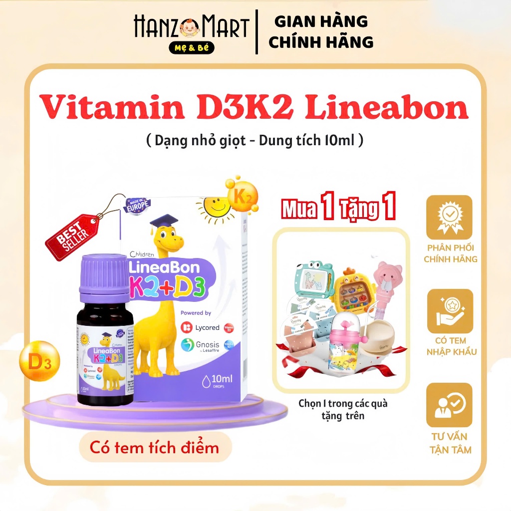 D3 K2 Lineabon bổ sung Vitamin D3 cho trẻ sơ sinh, giúp hấp thụ D3K2 Canxi, giảm còi xương, lọ 10ml