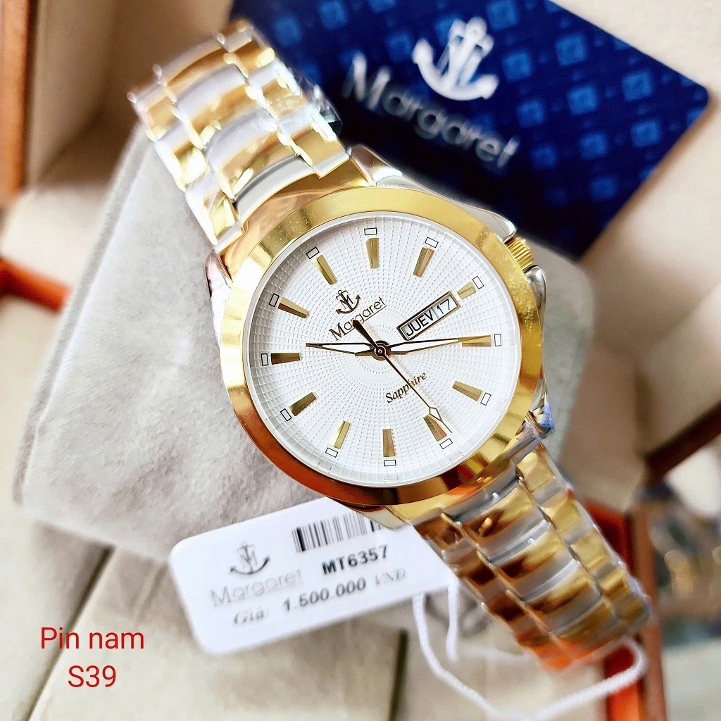 Đồng hồ nam mặt trắng dây kim loại demi chính hãng Margaret 39mm, đồng hồ pin kính sapphire MT6357