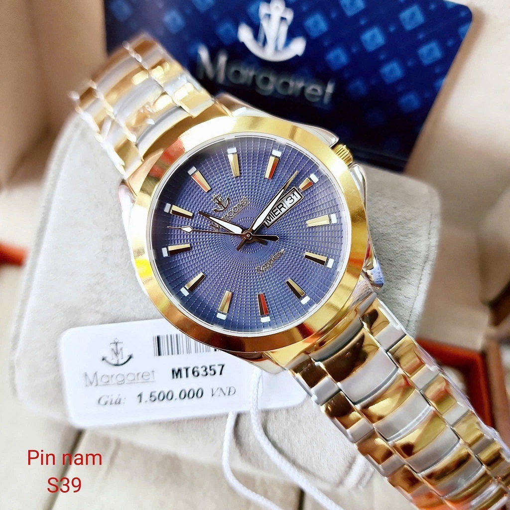 Đồng hồ nam mặt xanh dây kim loại demi chính hãng Margaret 39mm, đồng hồ pin kính sapphire MT6357