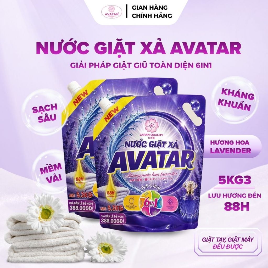 AVATAR Nước Giặt Xả 6 Trong 1 Đậm Đặc 5.3kg/Túi Sạch Sâu Lưu Hương 88H Tiết Kiệm Cho Cả Gia Đình