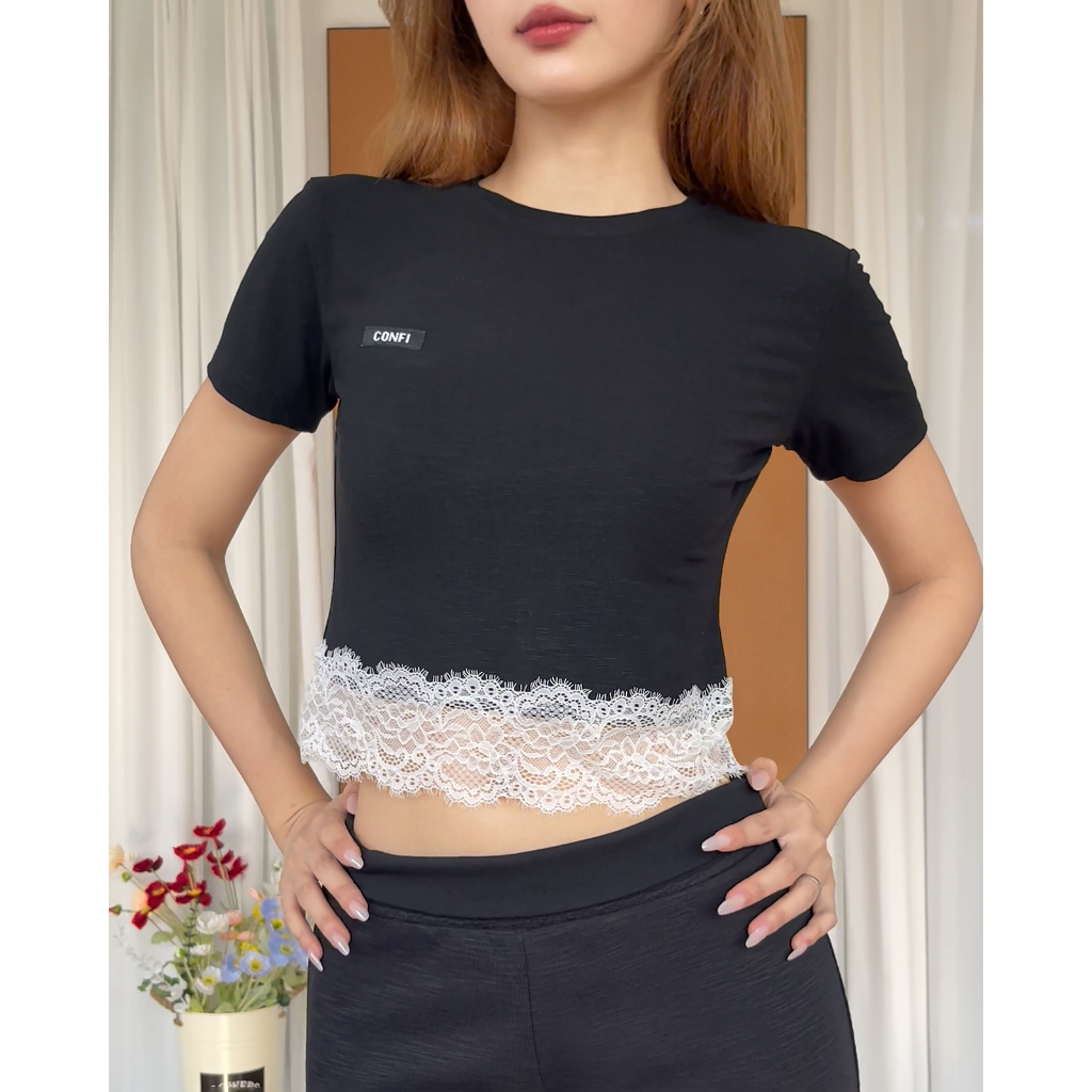 EMMA TOP - A48 – Confi | Áo thun nữ phối ren, chất tencel lyocell co giãn 4 chiều mát mịn.