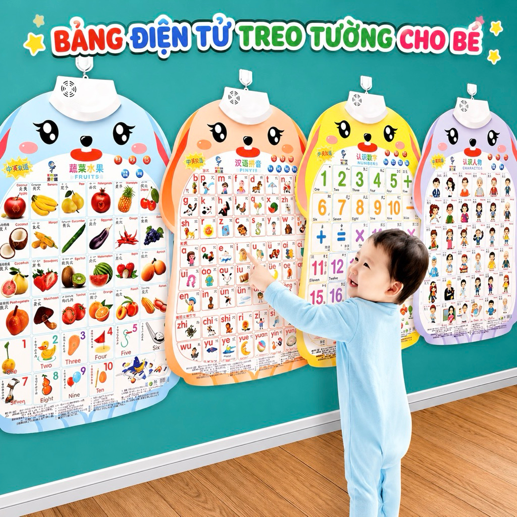 Bảng chữ cái điện tử thông minh treo tường nhiều chủ đề: động vật, trái cây, phương tiện cho bé học tập và phát triển