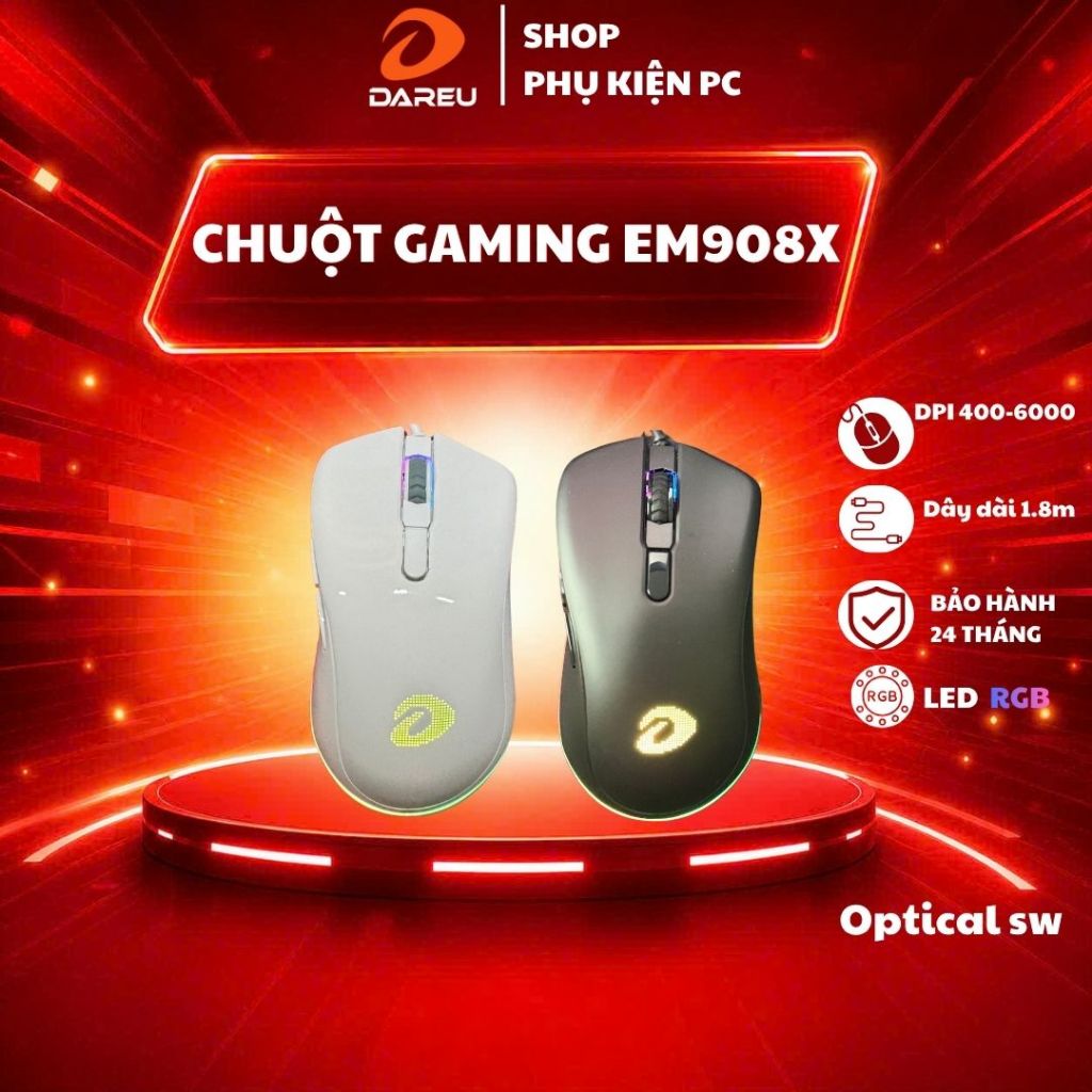 Chuột Gaming DAREU EM908/908x Pink / Black / White (LED RGB, BRAVO sensor)