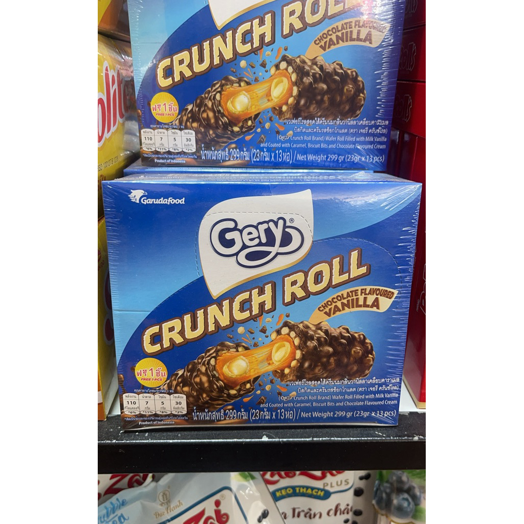BÁNH WAFER CUỘN GERY CRUNCH ROLL - VỊ CHOCOLATE VANILLA TRUYỀN THỐNG (HỘP 13 GÓI)