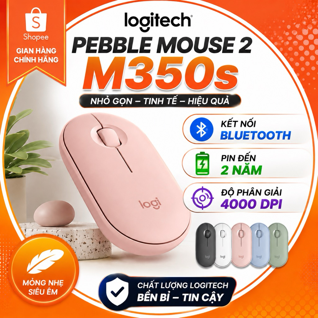 Chuột Logitech Pebble Mouse 2 M350s Bluetooth Silent - Mỏng nhẹ, Nút tùy chỉnh, Easy-Switch, 4000DPI