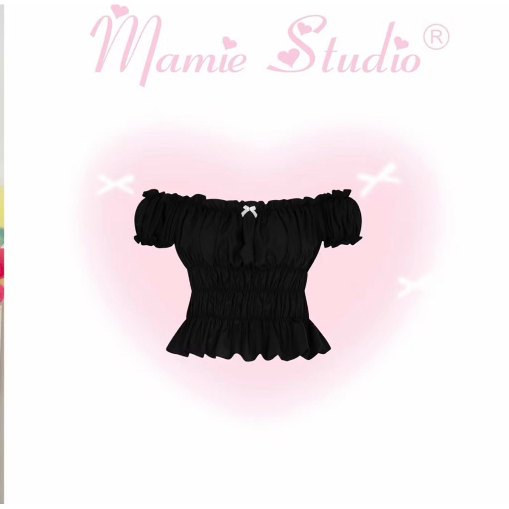 Áo nhún Mamie ôm body form croptop đính nơ xinh xắn, co giãn thoải mái.