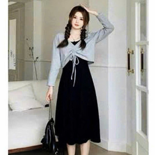 Đầm thời trang nữ mặc đi chơi chất thun gân có mút kèm áo khoác ngoài dài tay phối dây rút đầm dài maxi siêu xinh