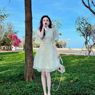 Đầm thời trang nữ dự tiệc chất voan tay bèo 2 lớp cổ tròn có mút dáng váy dài xoè 2 lớp mini sang trọng