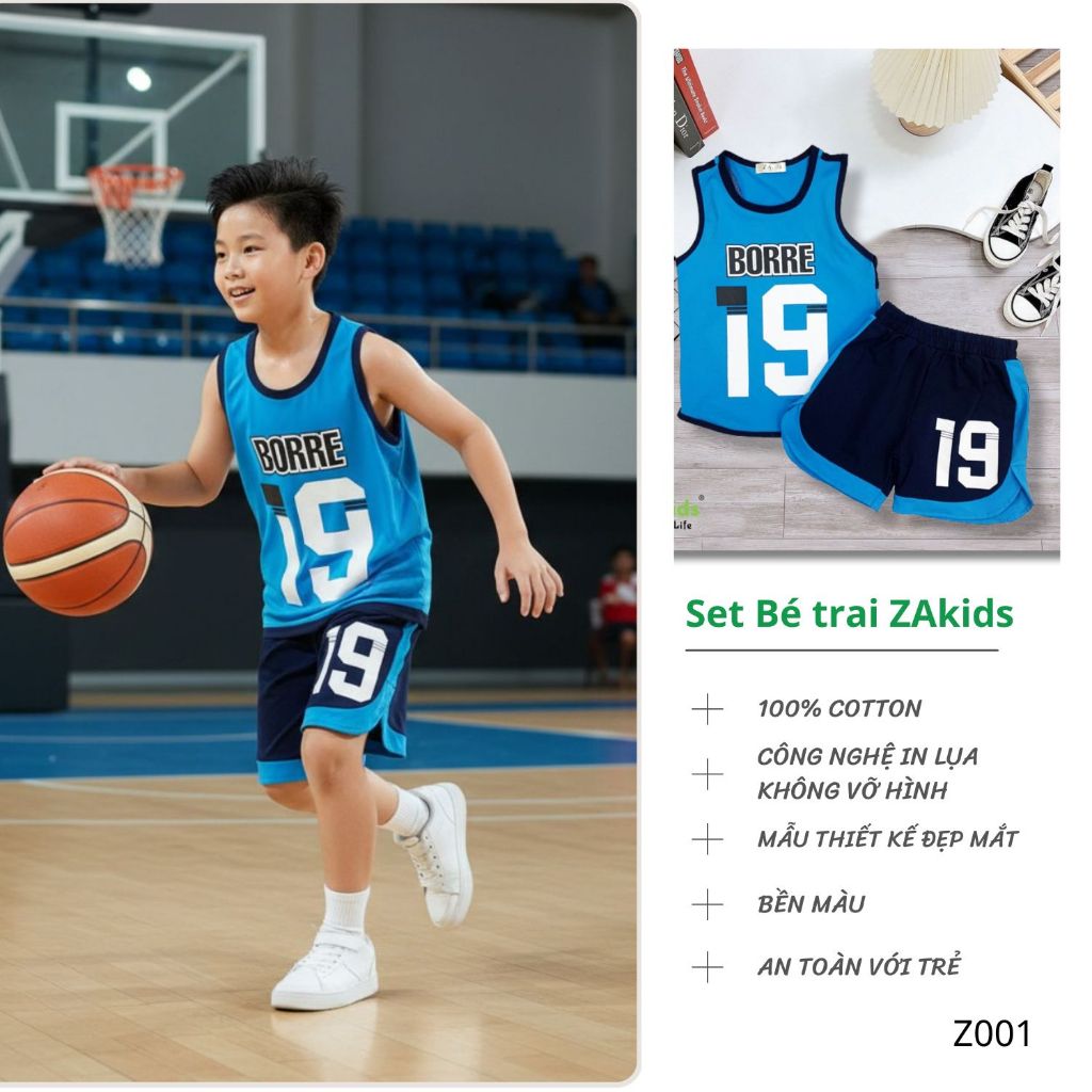 (Size 12kg-64kg)Bộ Quần Áo Thun Cotton 4 Chiều Cao Cấp Sát Nách Thể Thao Bé Trai ZAkids ZAB2311