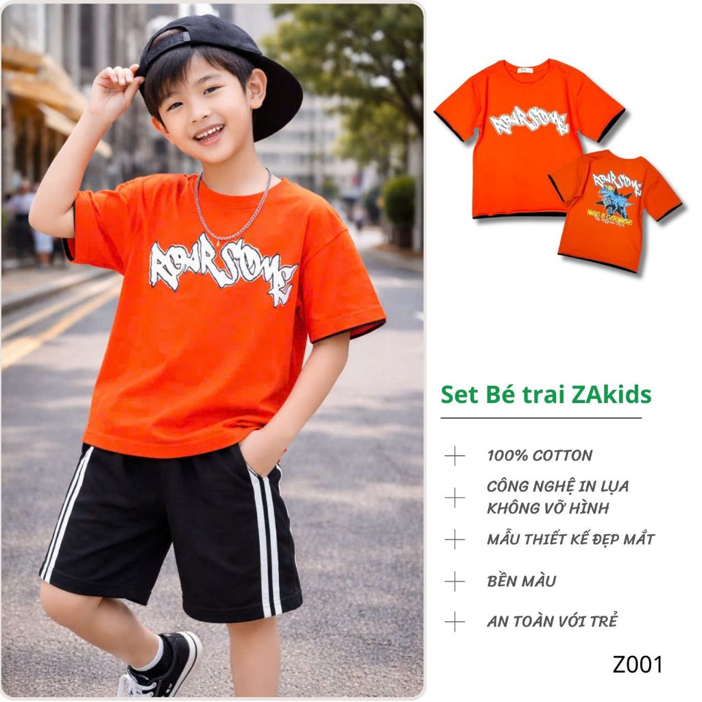 (Size 16kg-65kg) Áo Thun Bé Trai Ngắn Tay Cotton 4 Chiều Cao Cấp Zakids Tshirt Cộc Tay ZAA2351