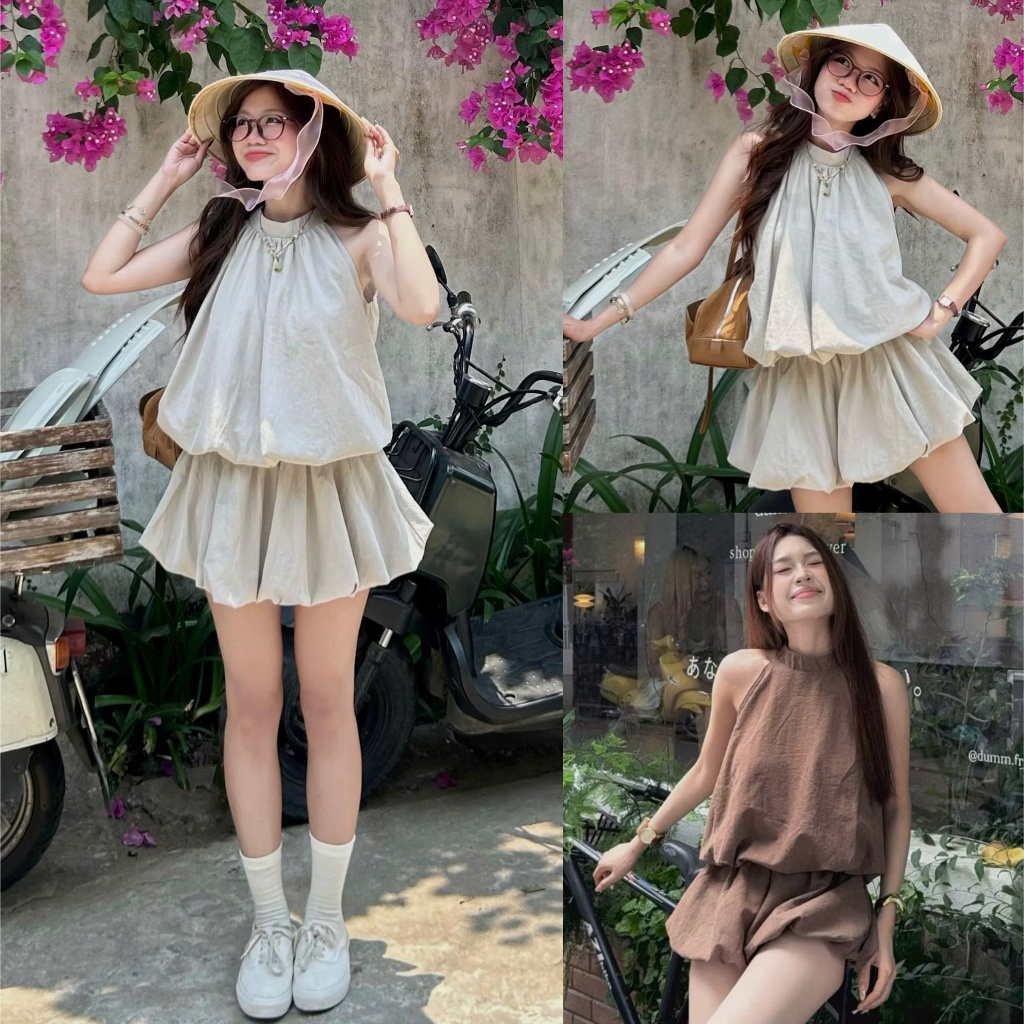 Set Jumsuit Jennie BlackPink chất đũi liền thân nữ cổ yếm bí phồng JULIN TOP