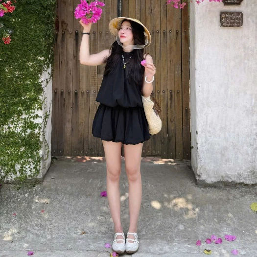 Set Jumsuit Jennie BlackPink chất đũi liền thân nữ cổ yếm bí phồng JULIN TOP | BigBuy360 - bigbuy360.vn