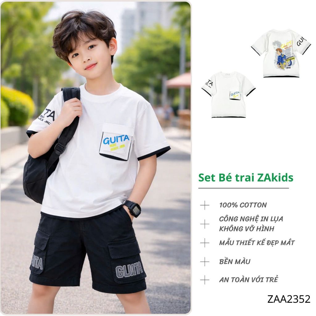 (Size 16kg-65kg)Áo Thun Bé Trai Cotton 4 Chiều Cao Cấp Ngắn Tay Zakids Tshirt Cộc Tay ZAA2352