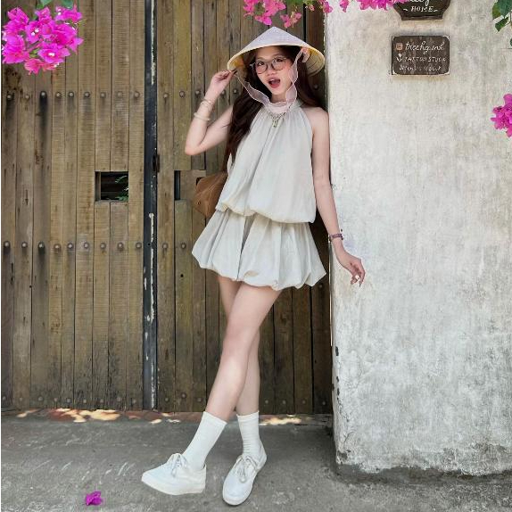 Set Jumsuit Jennie BlackPink chất đũi liền thân nữ cổ yếm bí phồng JULIN TOP | BigBuy360 - bigbuy360.vn