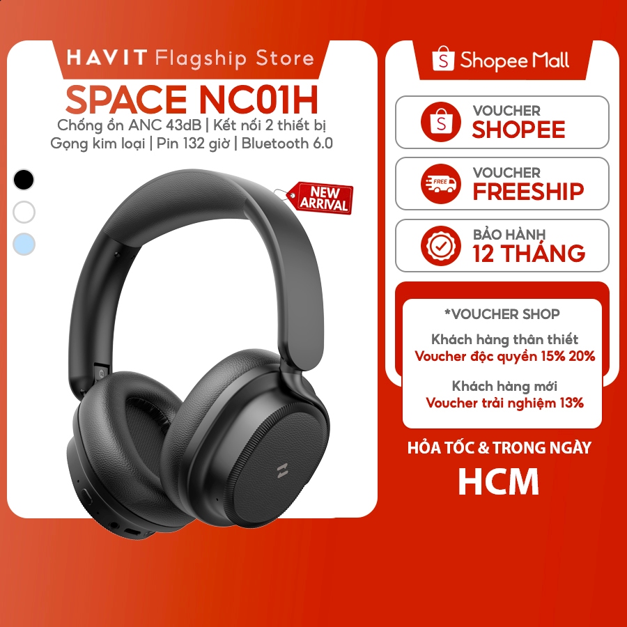 Tai nghe Bluetooth Headphone Havit Space NC01H Pin 132 tiếng | ANC 43dB | Kết Nối 2 Thiết Bị | BT 6.